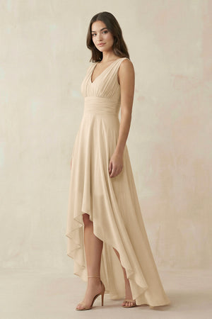 Champagne V-Neck High-Low Chiffon Bridesmaid Dress (3) | KISSBRIDAL