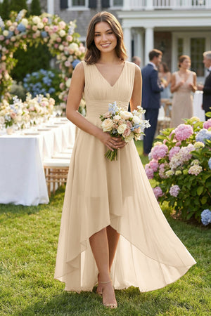 Champagne V-Neck High-Low Chiffon Bridesmaid Dress (4) | KISSBRIDAL