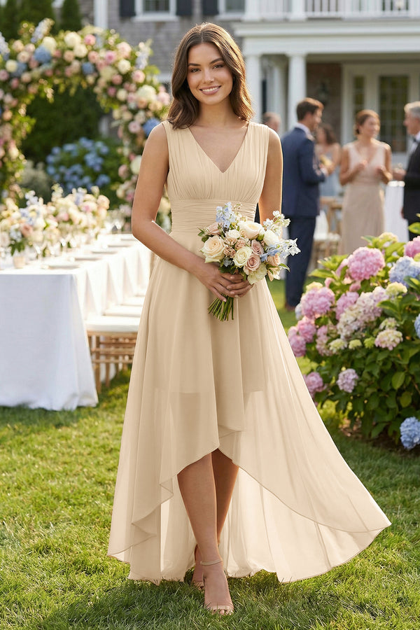 Champagne V-Neck High-Low Chiffon Bridesmaid Dress (4) | KISSBRIDAL