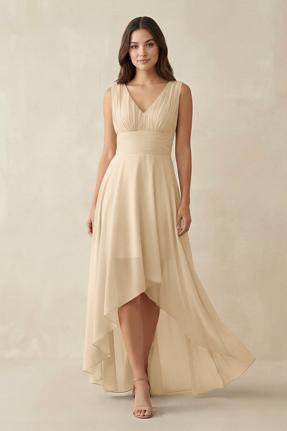 V-Neck High-Low Chiffon Bridesmaid Dress in Champagne