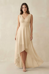 Champagne V-Neck High-Low Chiffon Bridesmaid Dress | KISSBRIDAL