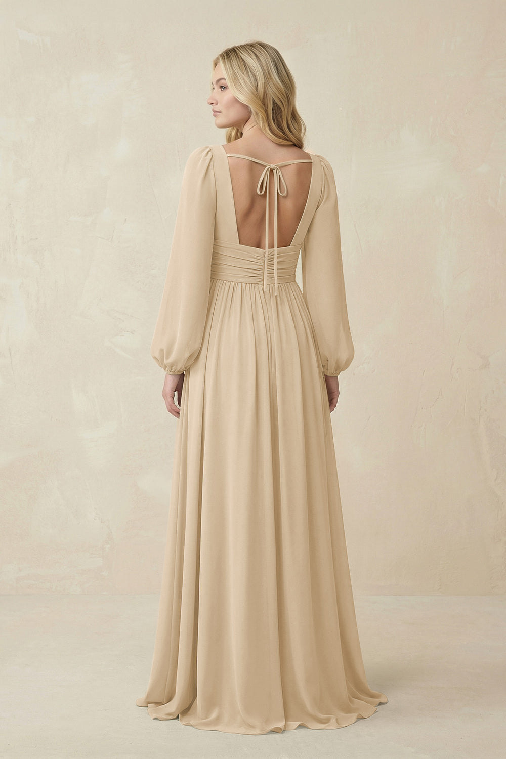 V-Neck Long Sleeve A-Line Chiffon Bridesmaid Dress in Champagne