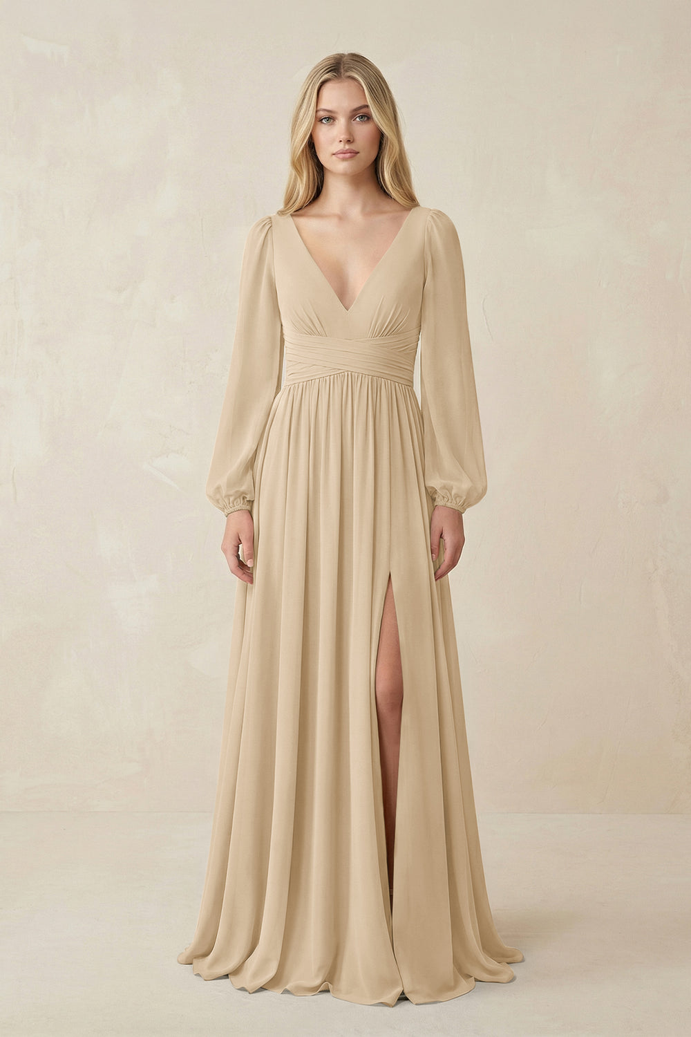 V-Neck Long Sleeve A-Line Chiffon Bridesmaid Dress in Champagne