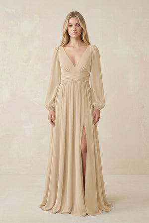 Champagne V-Neck Long Sleeve A-Line Chiffon Bridesmaid Dress | KISSBRIDAL