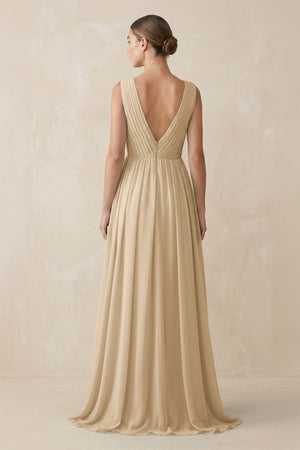 Champagne V-Neck Pleated A-Line Chiffon Bridesmaid Dress (2) | KISSBRIDAL