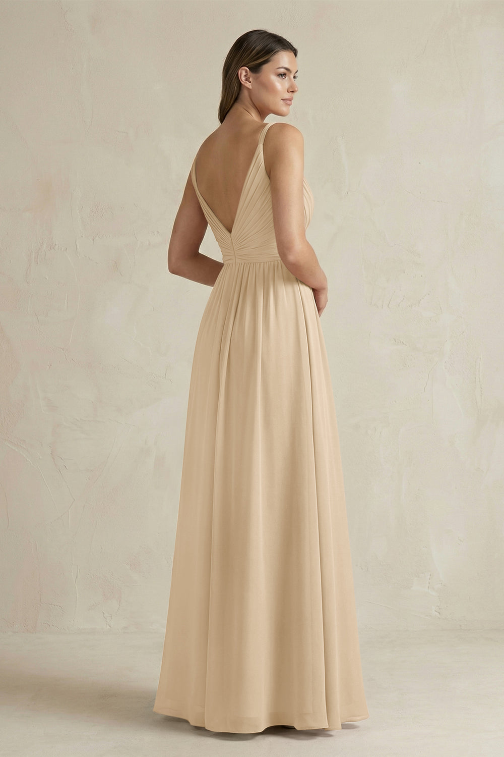 V-Neck Pleated A-Line Chiffon Bridesmaid Dress in Champagne