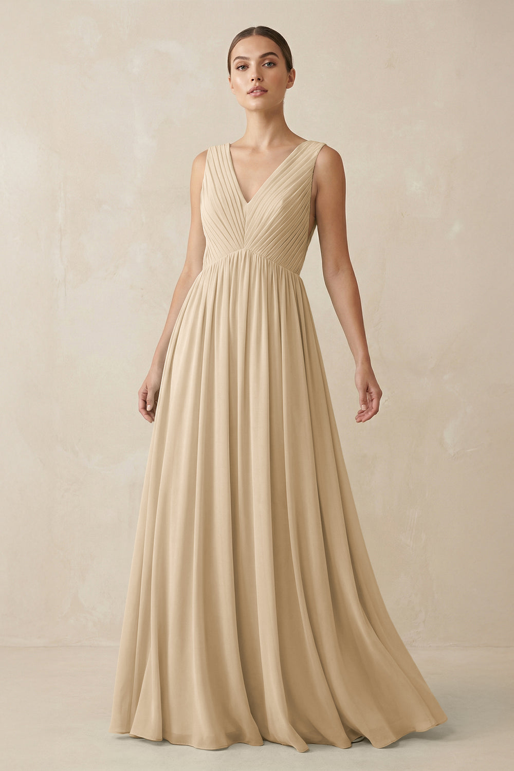 V-Neck Pleated A-Line Chiffon Bridesmaid Dress in Champagne