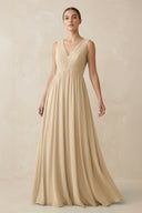 Champagne V-Neck Pleated A-Line Chiffon Bridesmaid Dress | KISSBRIDAL