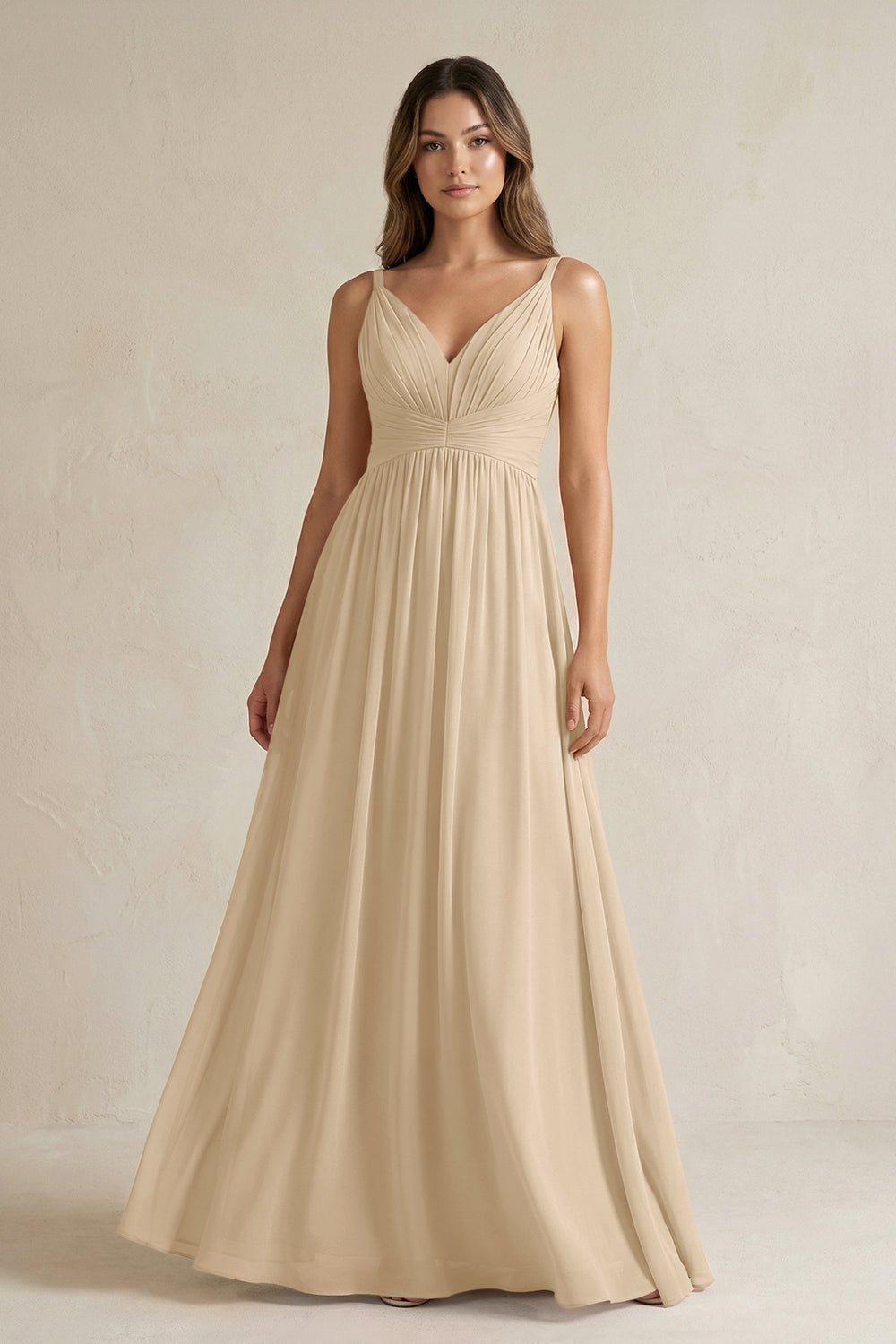 V-Neck Pleated A-Line Chiffon Bridesmaid Dress in Champagne