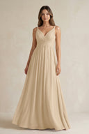 Champagne V-Neck Pleated A-Line Chiffon Bridesmaid Dress | KISSBRIDAL