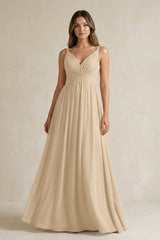 Champagne V-Neck Pleated A-Line Chiffon Bridesmaid Dress | KISSBRIDAL
