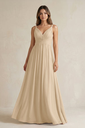 Champagne V-Neck Pleated A-Line Chiffon Bridesmaid Dress | KISSBRIDAL
