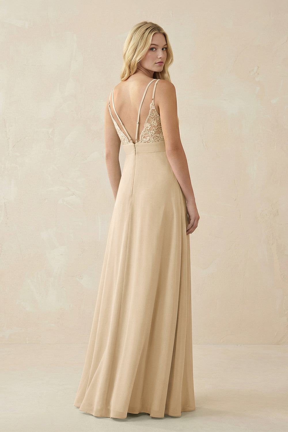 V-Neck Ruched Chiffon Bridesmaid Dress with Slit in Champagne