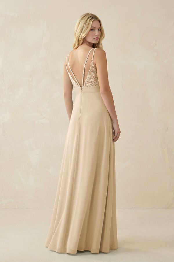 Champagne V-Neck Ruched Chiffon Bridesmaid Dress with Slit (2) | KISSBRIDAL