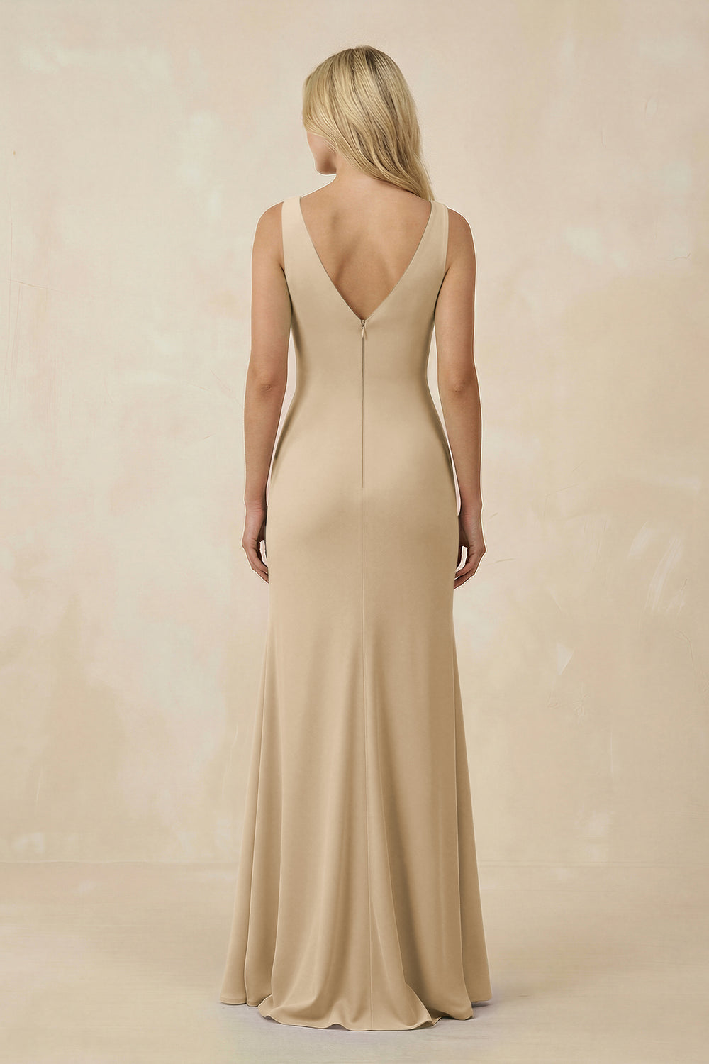 V-Neck Ruched Sheath Bridesmaid Dress with Slit in Champagne