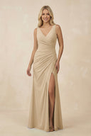 Champagne V-Neck Ruched Sheath Bridesmaid Dress with Slit | KISSBRIDAL