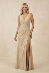 Champagne V-Neck Ruched Sheath Bridesmaid Dress with Slit | KISSBRIDAL