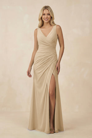 Champagne V-Neck Ruched Sheath Bridesmaid Dress with Slit | KISSBRIDAL
