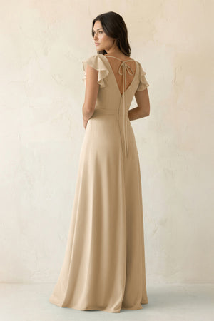 Champagne V-Neck Ruffled A-Line Chiffon Bridesmaid Dress (2) | KISSBRIDAL