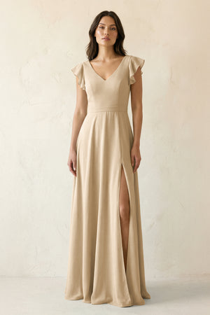 Champagne V-Neck Ruffled A-Line Chiffon Bridesmaid Dress | KISSBRIDAL