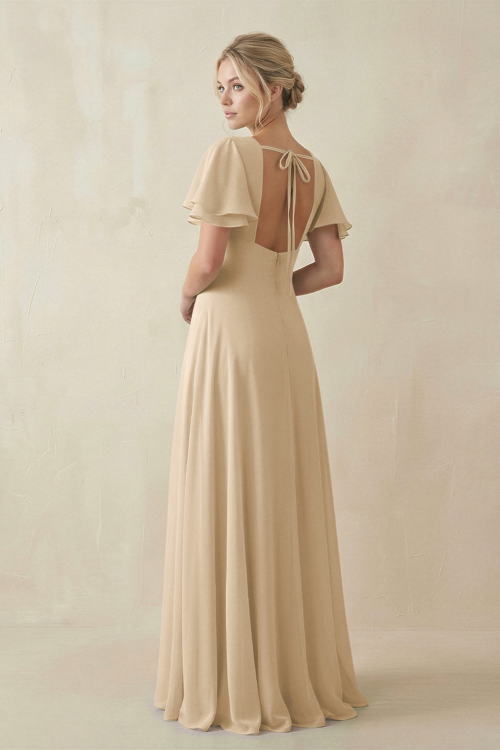 V-Neck Ruffled Short Sleeves A-Line Bridesmaid Dress in Champagne
