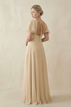 Champagne V-Neck Ruffled Short Sleeves A-Line Bridesmaid Dress (2) | KISSBRIDAL