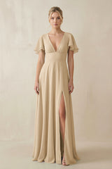 Champagne V-Neck Ruffled Short Sleeves A-Line Bridesmaid Dress | KISSBRIDAL