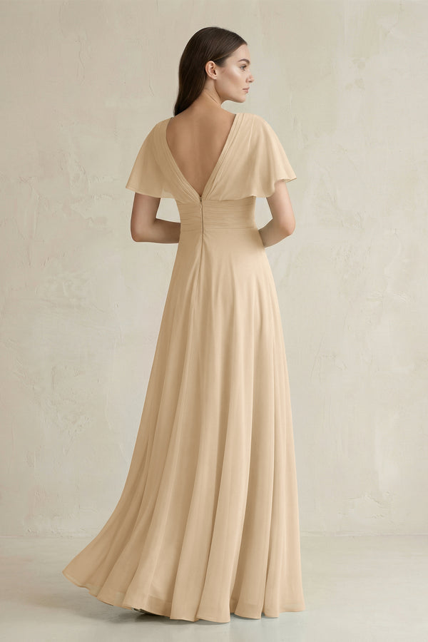 Champagne V-Neck Ruffled Sleeve A-Line Chiffon Bridesmaid Dress (2) | KISSBRIDAL