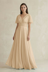Champagne V-Neck Ruffled Sleeve A-Line Chiffon Bridesmaid Dress | KISSBRIDAL