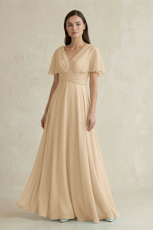 Champagne V-Neck Ruffled Sleeve A-Line Chiffon Bridesmaid Dress | KISSBRIDAL