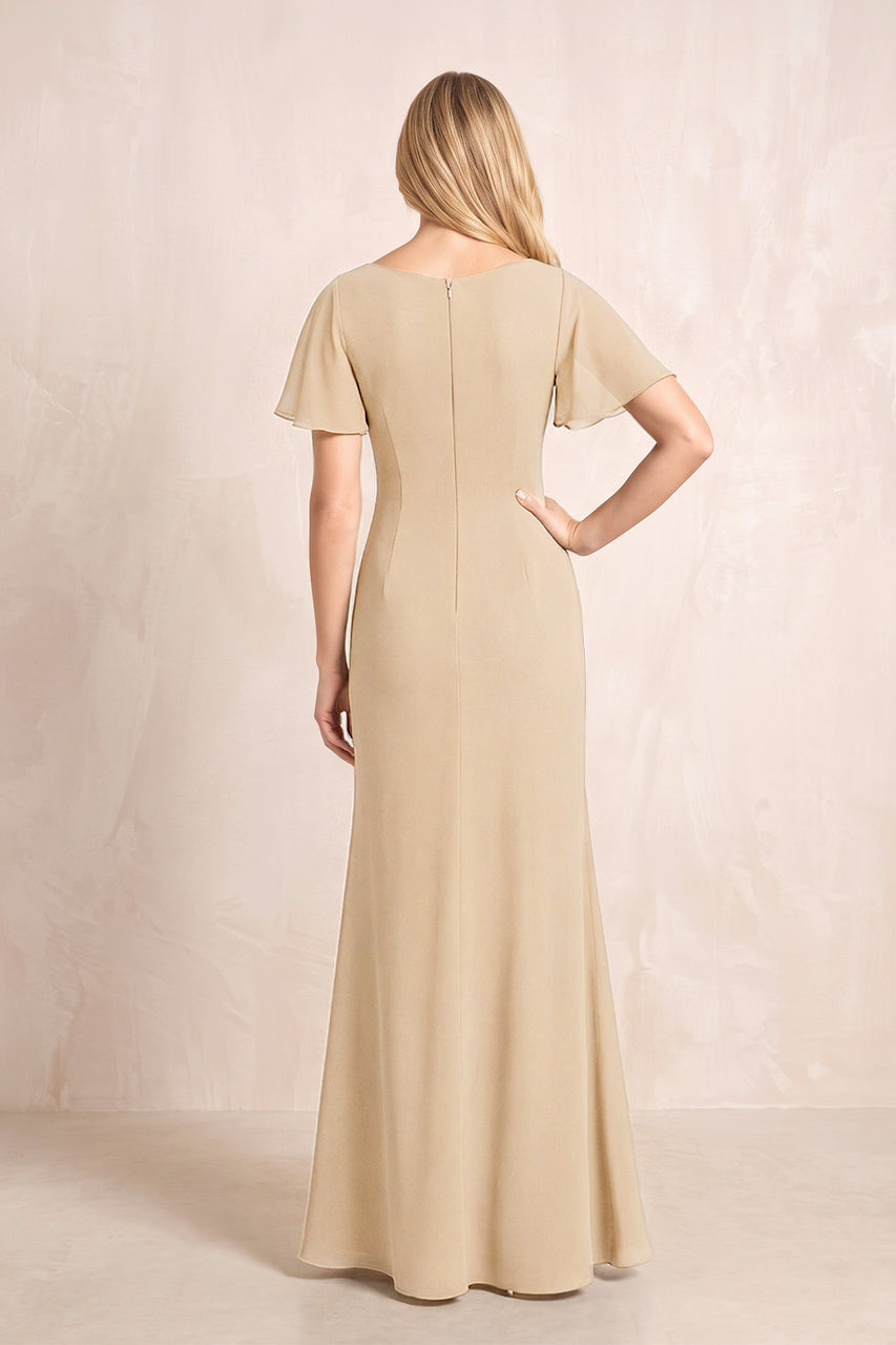 Champagne V-Neck Sheath Chiffon Ruffled Short Sleeves Mother of the Bride Dress with Slit