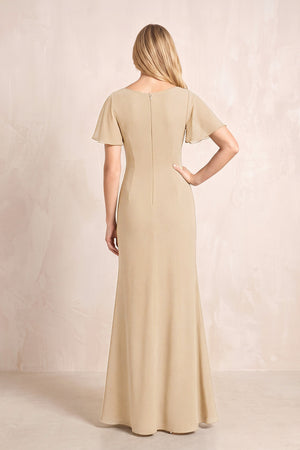 Champagne V-Neck Sheath Chiffon Ruffled Short Sleeves Mother of the Bride Dress with Slit (2) | KISSBRIDAL