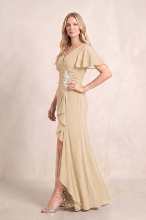 Champagne V-Neck Sheath Chiffon Ruffled Short Sleeves Mother of the Bride Dress with Slit (3) | KISSBRIDAL