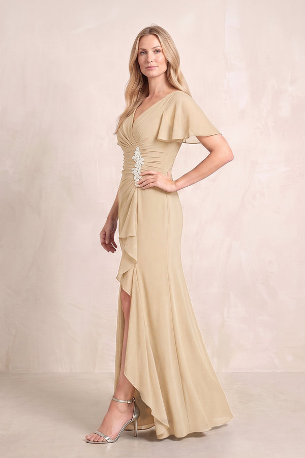 Champagne V-Neck Sheath Chiffon Ruffled Short Sleeves Mother of the Bride Dress with Slit (3) | KISSBRIDAL