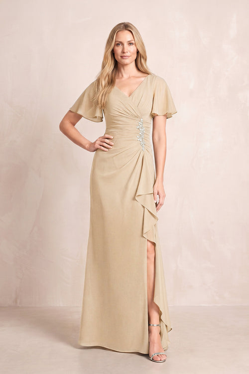 Champagne V-Neck Sheath Chiffon Ruffled Short Sleeves Mother of the Bride Dress with Slit | KISSBRIDAL