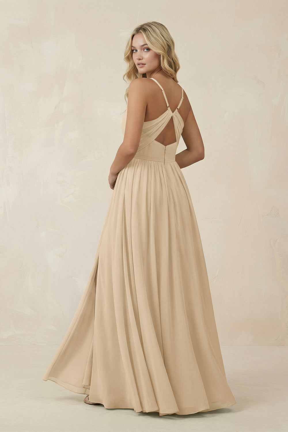 V-Neck Spaghetti Strap A-Line Chiffon Bridesmaid Dress in Champagne
