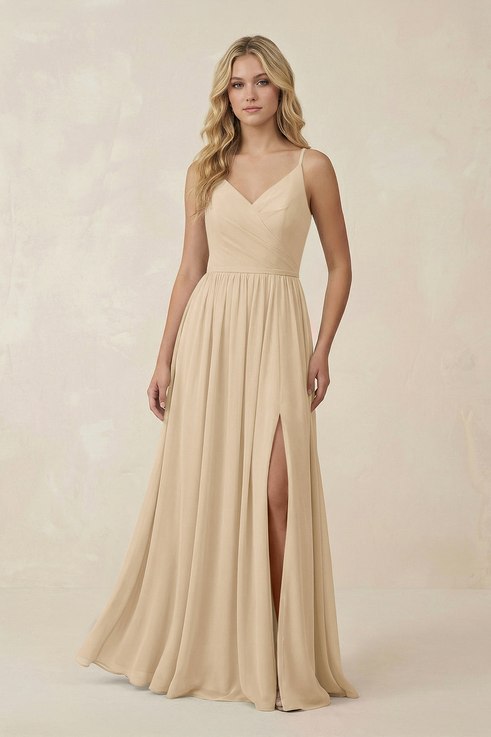 V-Neck Spaghetti Strap A-Line Chiffon Bridesmaid Dress in Champagne