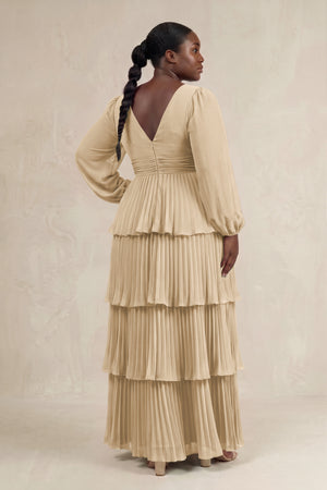Champagne V-Neck Tiered A-Line Long Sleeve Bridesmaid Dress (2) [sizeplus] | KISSBRIDAL