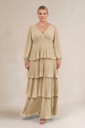 Champagne V-Neck Tiered A-Line Long Sleeve Bridesmaid Dress (3) [sizeplus] | KISSBRIDAL