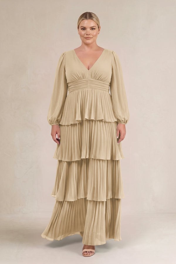 Champagne V-Neck Tiered A-Line Long Sleeve Bridesmaid Dress (3) [sizeplus] | KISSBRIDAL