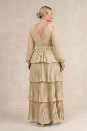 Champagne V-Neck Tiered A-Line Long Sleeve Bridesmaid Dress (4) [sizeplus] | KISSBRIDAL