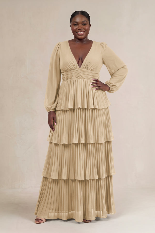Champagne V-Neck Tiered A-Line Long Sleeve Bridesmaid Dress [sizeplus] | KISSBRIDAL