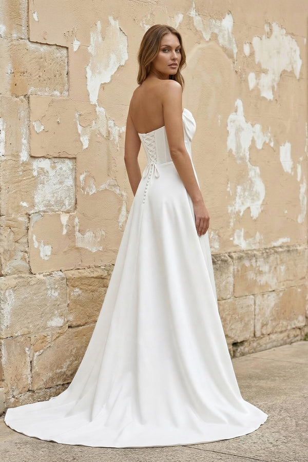 Strapless A Line Satin Wedding Dress With Slit in White - KISS BRIDAL Wedding Dresses
