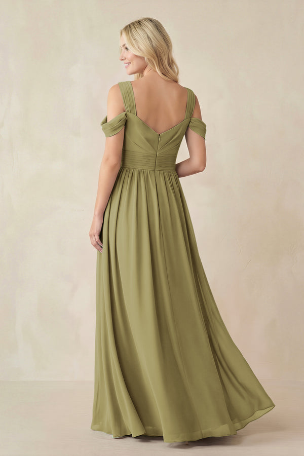 Chiffon A-Line Bridesmaid Dress with Slit in Moss Green (2) | KISSBRIDAL