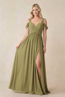 Chiffon A-Line Bridesmaid Dress with Slit in Moss Green | KISSBRIDAL