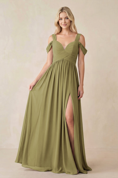 Chiffon A-Line Bridesmaid Dress with Slit in Moss Green | KISSBRIDAL