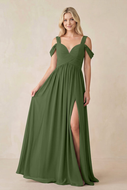 Chiffon A-Line Bridesmaid Dress with Slit in Moss | KISSBRIDAL
