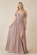 Chiffon A-Line Bridesmaid Dress with Slit in Toffee | KISSBRIDAL