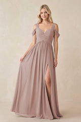 Chiffon A-Line Bridesmaid Dress with Slit in Toffee | KISSBRIDAL