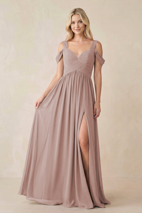 Chiffon A-Line Bridesmaid Dress with Slit in Toffee | KISSBRIDAL